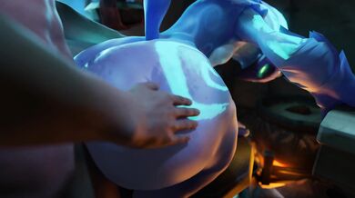 'A horny Kindred is slamming her fat ass on a giant plunger, moaning in pleasure!'