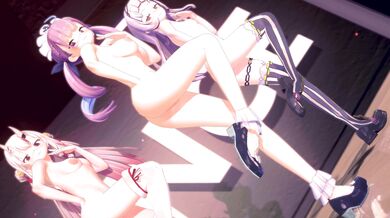 'Minato and Aqua's passionate love-making in the field of Hyakki Ayame is interrupted by Murasaki Shion, who forces them to have a 4k heart attack!'