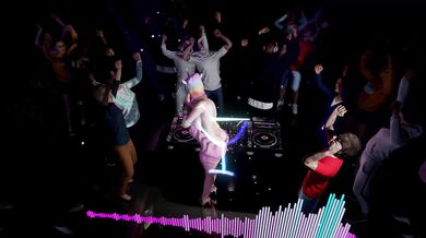 A naked DJ spinning records and teasing the crowd with her sexual moves, causing the audience to become extremely aroused.