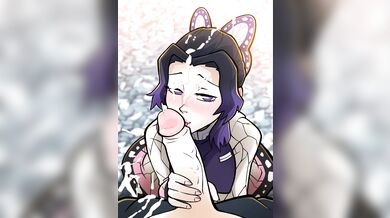 Shinobu's face is a cum-stained canvas as she moans in pleasure.