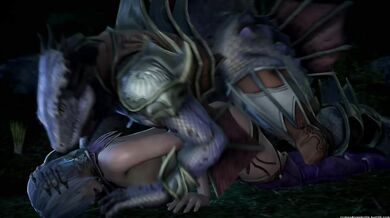 Rewritten as: "Lizardman forces his lustful way into Ivy and Valentine, leaving them begging for mercy."