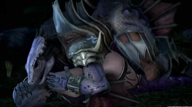 Rewritten as: "Lizardman forces his lustful way into Ivy and Valentine, leaving them begging for mercy."