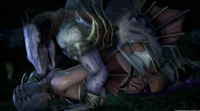 Rewritten as: "Lizardman forces his lustful way into Ivy and Valentine, leaving them begging for mercy."