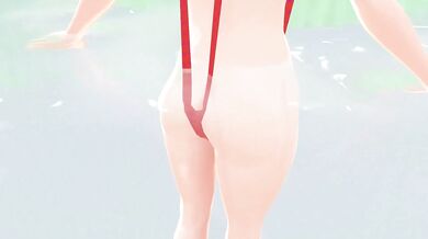 Busty Anime Babe Shows Off Nipples in Tiny Bikini at the Beach