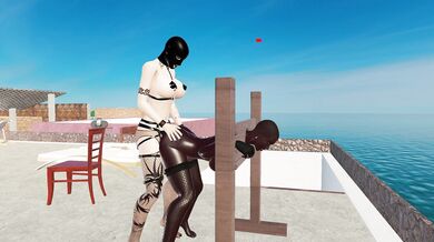 Bound and Gagged, Black Futanari Gets Banged by Masked Dominatrix in a Pillory