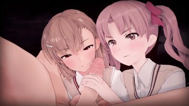 Misaka and Kuroko engage in a sensual handjob during the full moon.