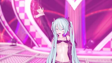 'Miku Hatsune, the digital idol, dances naughtily in her devilishly cute outfit!'