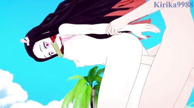 Rewritten as: 'Nezuko Kamado, a demon-slaying warrior, and her lover enjoy passionate sex on the sandy beach surrounded by the ocean waves.'