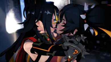 The flame-haired beauties Dehya and Xinyan ignite their passionate makeout session, with Miruno directing the action.