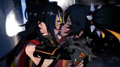 The flame-haired beauties Dehya and Xinyan ignite their passionate makeout session, with Miruno directing the action.