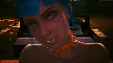 'Bluemooon as Rogue Amendiares and Vincent (as Johnny Silverhand) engage in a passionate love scene in the moonlight.'