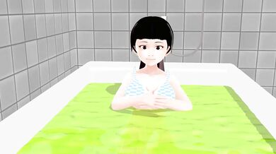 Busty anime slut gets naked and wet in a steamy bathroom.