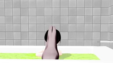 Busty anime slut gets naked and wet in a steamy bathroom.