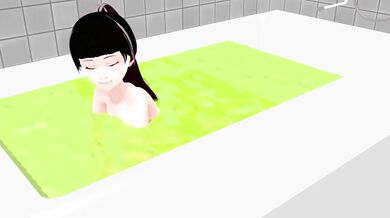 Busty anime slut gets naked and wet in a steamy bathroom.