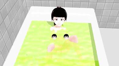 Busty anime slut gets naked and wet in a steamy bathroom.