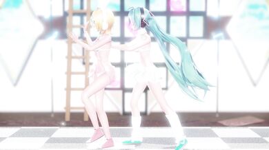 Miku and Rin share a passionate lap tap love scene in HD.