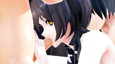 Sexy Maid in a Tiny French Maid Uniform Blows Two Big Cocks in Her Mouth Simultaneously!