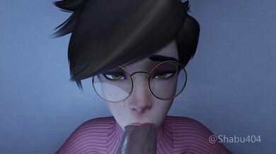 Wall-fucking Tracer gobbles up her partner's dick in an ultimate blowjob experience