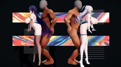 Fucking Mei and Bronya on the Bed with Their Big Dicks