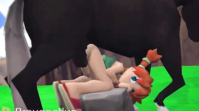 Sexy blonde babe gets fucked by a giant horse in the barn.