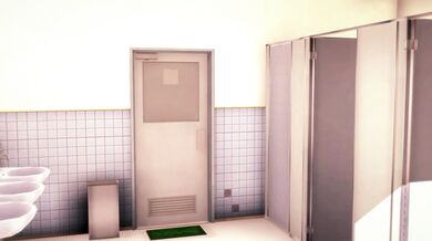 Nearly bare bitch taking a leak in the guys' restroom