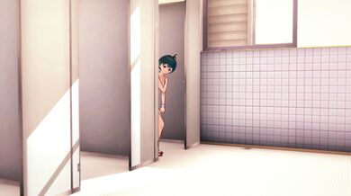 Nearly bare bitch taking a leak in the guys' restroom