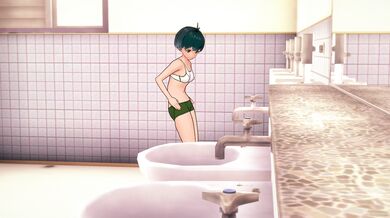 Nearly bare bitch taking a leak in the guys' restroom