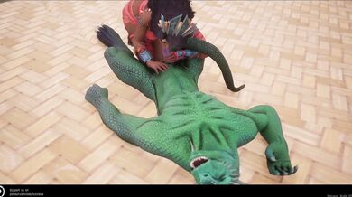 Horny Lizardman Fiends on Petite Doll, Sprays Cum Everywhere