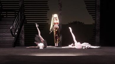 Two nymphs sway to the music, their bodies moving in perfect synchrony as they grind against each other.