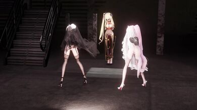 Two nymphs sway to the music, their bodies moving in perfect synchrony as they grind against each other.