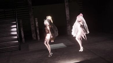 Two nymphs sway to the music, their bodies moving in perfect synchrony as they grind against each other.