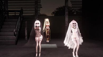 Two nymphs sway to the music, their bodies moving in perfect synchrony as they grind against each other.