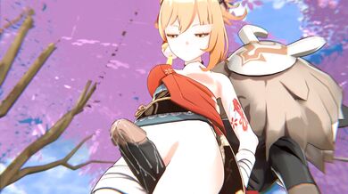 A hot girl with a big orange donut gets fucked on the rooftop of Yoimiya High.