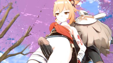 A hot girl with a big orange donut gets fucked on the rooftop of Yoimiya High.