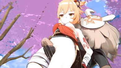 A hot girl with a big orange donut gets fucked on the rooftop of Yoimiya High.