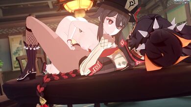 'Two hot chicks in a horizontal position having sex with each other'