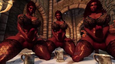 Three Hot Futanari MILFs Masturbating Together before Filling Kitty Cat with Their Cream