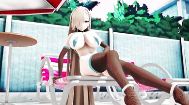 Slim and Stacked Asuna & Hot-Bodied Karin Licking Each Other's Wet Pussies Under the Sun by the Poolside, While Being Watched From Afar By a Creepy Bug Man in Hentai Music Video #1