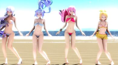 Ghost Bikini Dance Foursome with Vocaloids Miku, Rin, Luka, and Haku