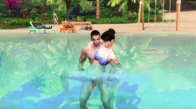 Public Beach Threesome with Tatted Brunette and Two Strangers