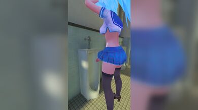 A Futanari She-Wolf Pisses in a Male Restroom (Upright)