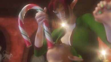 Lesbian Elves Share Sexy Candy Canes and Throat Fucking on Christmas