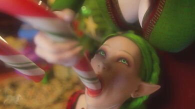Lesbian Elves Share Sexy Candy Canes and Throat Fucking on Christmas