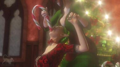 Lesbian Elves Share Sexy Candy Canes and Throat Fucking on Christmas
