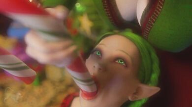 Lesbian Elves Share Sexy Candy Canes and Throat Fucking on Christmas