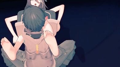 Haru's Legs Spread Wide on Ajutant's Shoulders While Snow Falls from Above