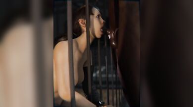Busty beauty gets hardcore blowjob behind bars by rough inmate.