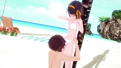 A beautiful woman named Harhi is enjoying herself on the beach, taking in the sun and sand while indulging in some oral sex with her partner