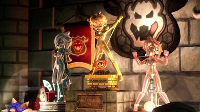 Mario and Princess Peach Celebrating their Victory on the Podium in a Metal Version (On Model 3D)