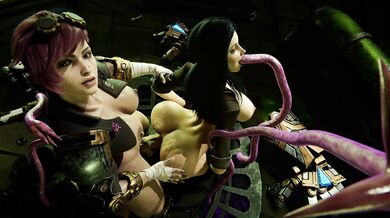 Cum-hungry Futanari and Shemale Fucked from Behind by Hairy Tentacles while on All Fours